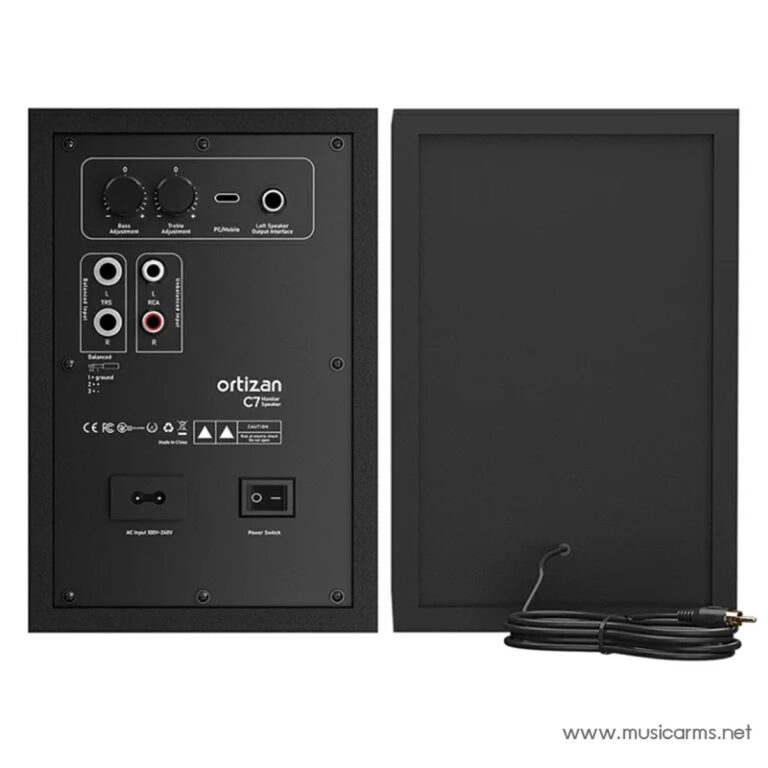 Back-and-front view of Ortizan C7 bookshelf speakers: left unit shows control panel with knobs and RCA/3.5mm inputs; right unit shows the plain front panel with power cord. ขายราคาพิเศษ
