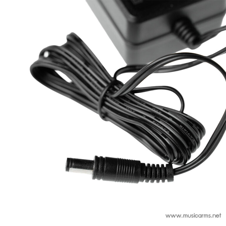 Close-up of a black power adapter cable with a barrel connector and a wall-wart in the background, coiled neatly on white. ขายราคาพิเศษ