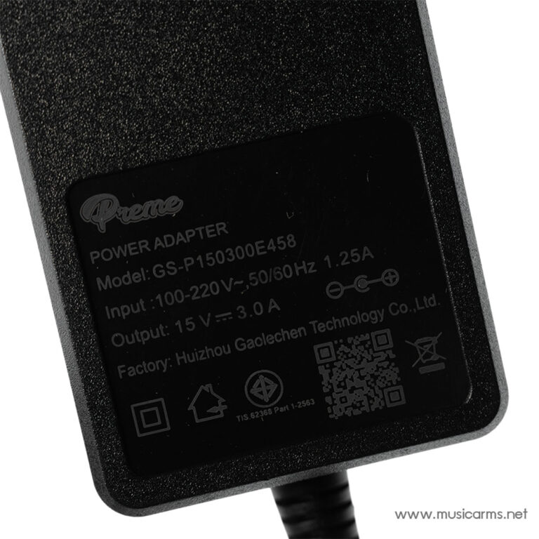 Close-up of a black power adapter label showing model GS-P150300E458, input 100–220V, output 15V⎓3.0A, plus safety icons. ขายราคาพิเศษ