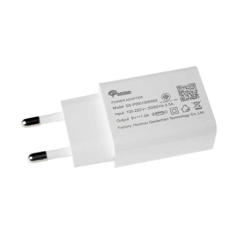 White European power adapter with two round pins, angled view; label shows input 100-240V and output 5V. ขายราคาพิเศษ