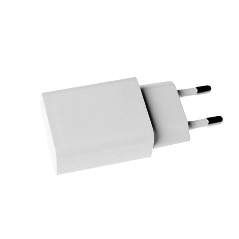 White wall charger adapter with two round European-style plugs, angled to the left ขายราคาพิเศษ