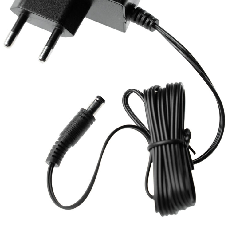 Power adapter cable with two-prong European plug and long coiled DC barrel connector cable used to power devices. ขายราคาพิเศษ