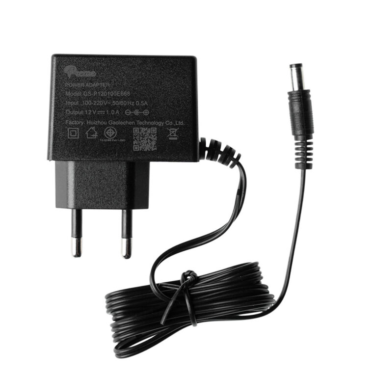 Black wall plug power adapter with two-prong plug and coiled DC output cable, shown against a white background. ขายราคาพิเศษ