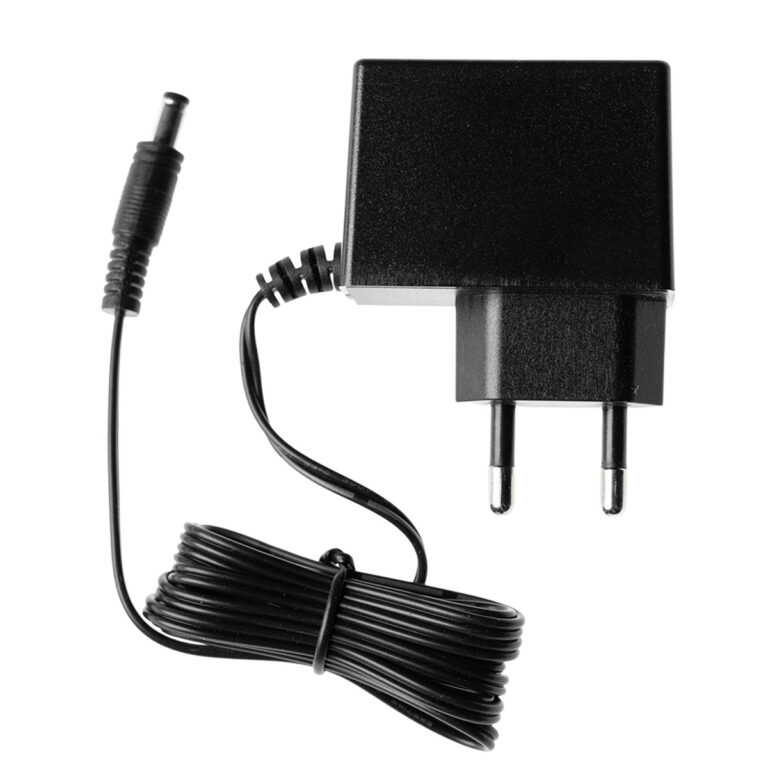 Black wall power adapter with coiled cord and attached DC barrel plug ขายราคาพิเศษ