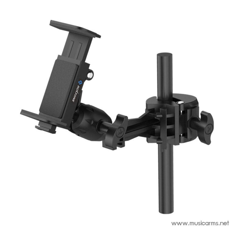 Adjustable phone holder mounted on a clamp attached to a vertical microphone stand for studio setup. ขายราคาพิเศษ