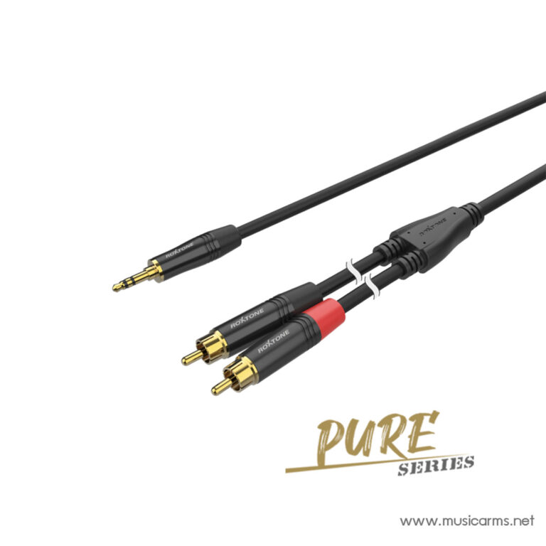Roxtone Pure Series 3.5mm stereo to dual RCA audio cable with gold-plated connectors (red/white outputs). ขายราคาพิเศษ