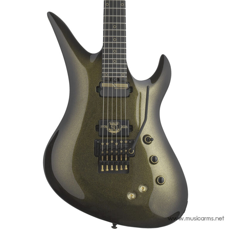 Metallic olive-green electric guitar with a double-cutaway body, black pickups, floating tremolo, and control knobs. ขายราคาพิเศษ