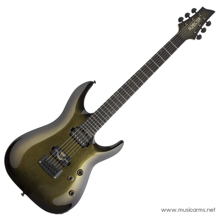 Angled shot of a metallic olive-gold Schecter electric guitar with black hardware and dual humbucker pickups. ขายราคาพิเศษ