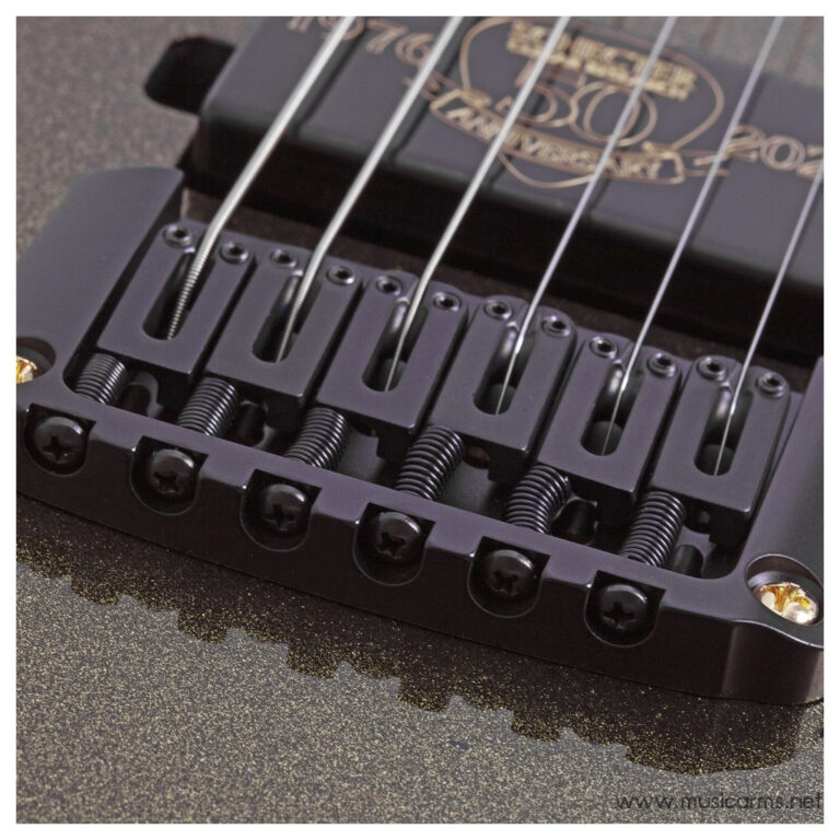 Close-up of a black six-string electric guitar bridge showing individual saddles, intonation screws, and steel strings ขายราคาพิเศษ