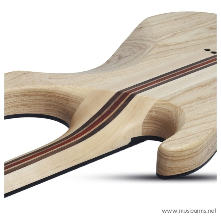 Close-up of a light wood guitar neck with multicolored striped inlay along its length. ขายราคาพิเศษ