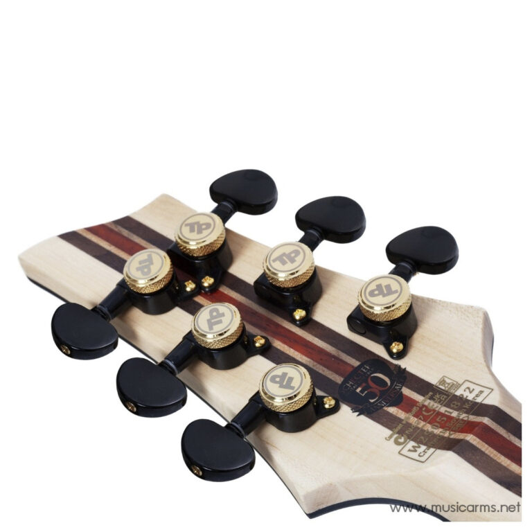 Close-up of a guitar headstock with six gold tuning pegs and black tuners on a light wood neck, brand logo visible on the pegs. ขายราคาพิเศษ