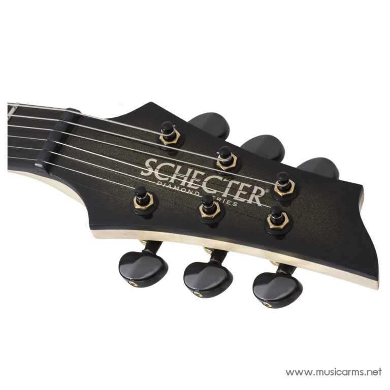 Close-up of a Schecter Diamond Series guitar headstock with six tuning pegs and strings visible. ขายราคาพิเศษ