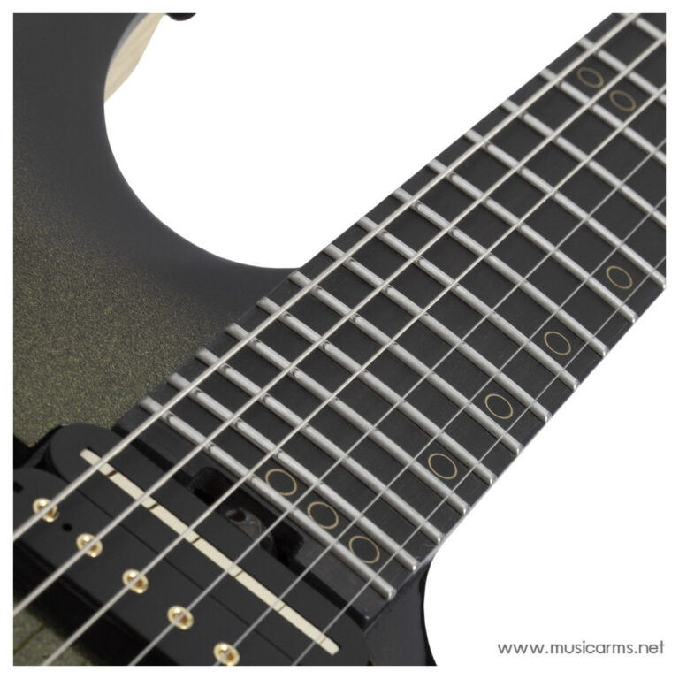 Close-up of a dark guitar neck showing frets and multistrand strings, with a watermark in the corner (musicarms.net). ขายราคาพิเศษ
