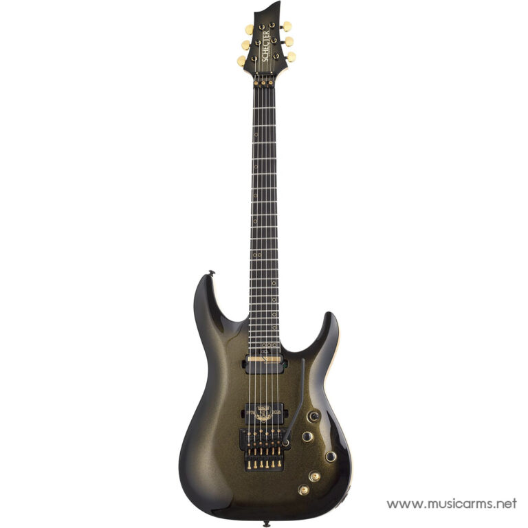 Electric Schecter-style solid-body guitar with a dark metallic finish and gold hardware on a white background ขายราคาพิเศษ