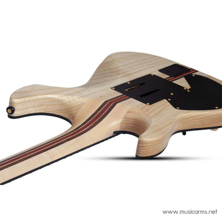 Natural wood electric guitar body with black mounting plate and striped neck, viewed from the side. ขายราคาพิเศษ