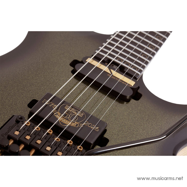 Close-up of an electric guitar body showing the bridge, pickups, and strings in a metallic finish. ขายราคาพิเศษ