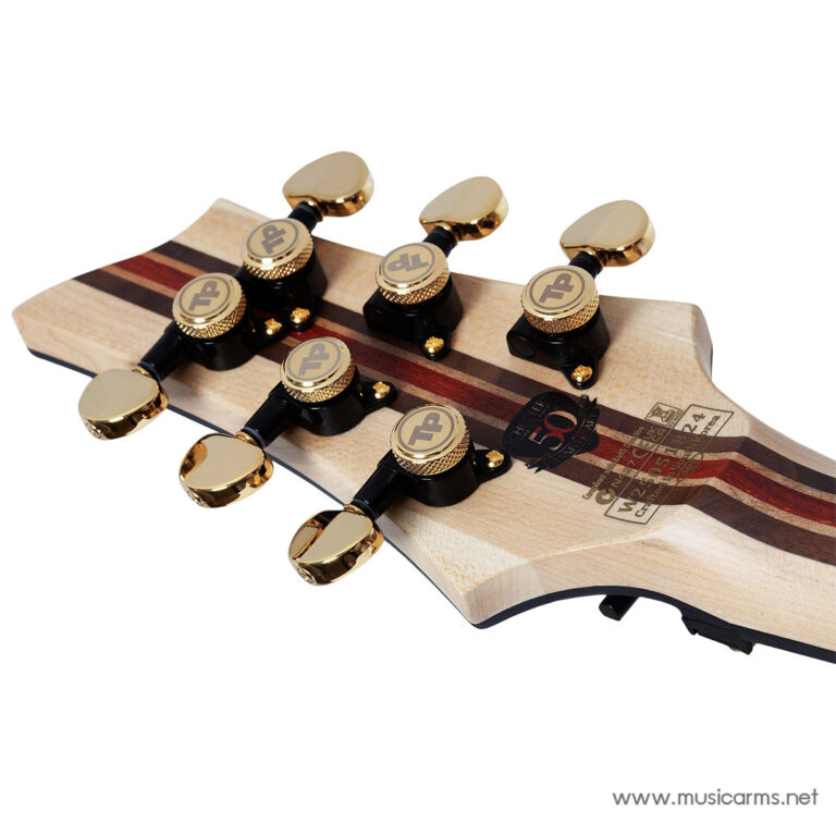 Close-up of a guitar headstock with six gold tuning pegs on a light wood neck and decorative inlays ขายราคาพิเศษ