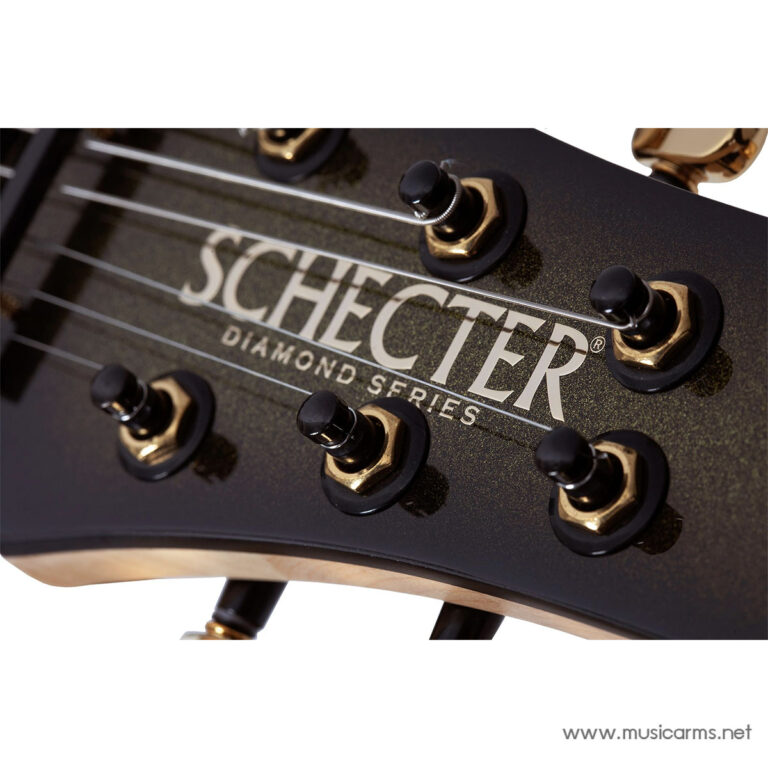 Close-up of a Schecter guitar headstock with six tuning pegs and the Diamond Series logo ขายราคาพิเศษ