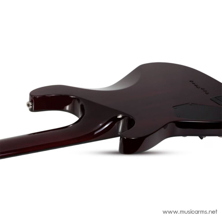 Partial view of a dark red electric guitar body seen from the side, showing the contoured back and neck joint area. ขายราคาพิเศษ
