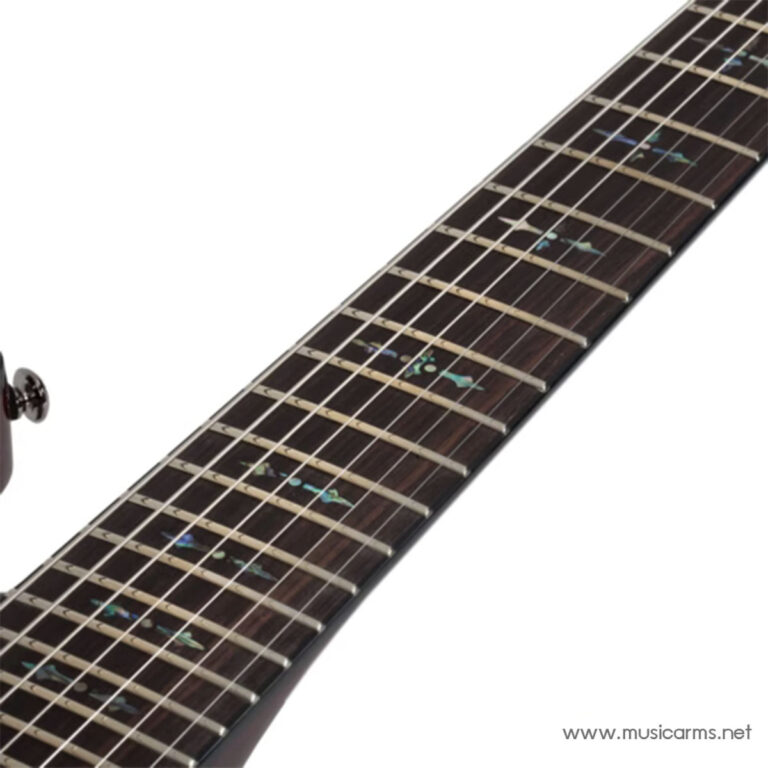 Close-up of a dark wood guitar neck showing fretboard with pearl bird inlays and steel frets, strings visible ขายราคาพิเศษ