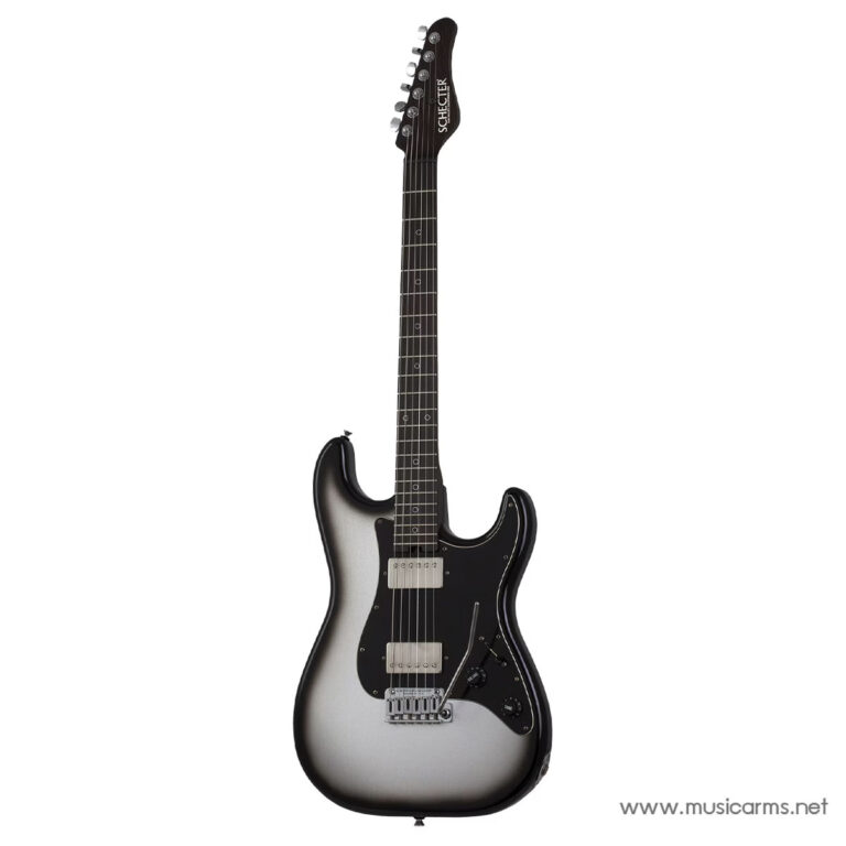 Electric guitar with a black-to-silver gradient finish, two pickups, and a tremolo bridge; Schecter headstock. ขายราคาพิเศษ