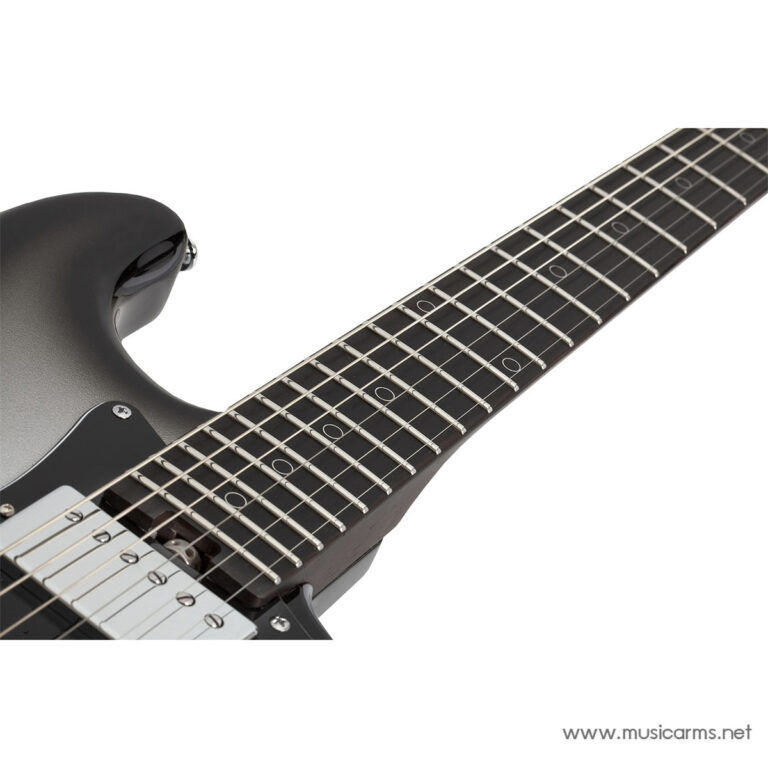 Close-up of a black electric guitar neck and body, showing frets, strings, and pickup area with a white background and musicarms.net watermark in the corner. ขายราคาพิเศษ