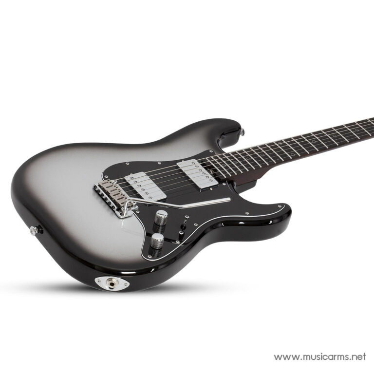 Electric solid-body guitar with a metallic sunburst finish, black pickguard, two pickups, and chrome hardware photographed at an angle. ขายราคาพิเศษ