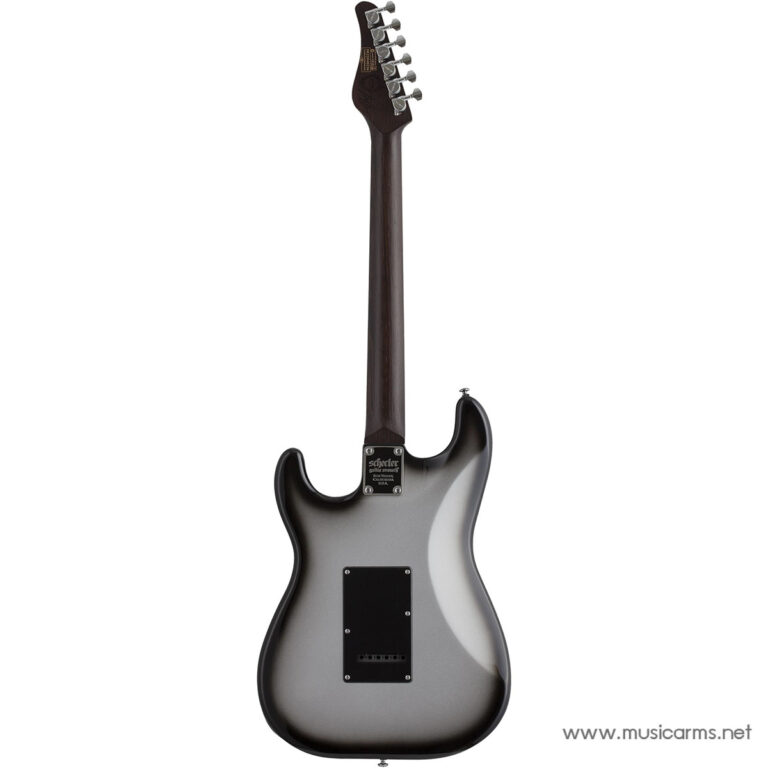 Back view of a metallic gray electric guitar with a dark neck and back plate, showing a rear trem cavity cover and neck plate. ขายราคาพิเศษ