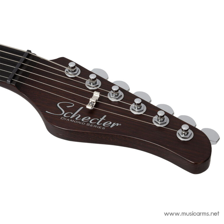 Close-up of a Schecter Diamond Series guitar headstock with six chrome tuning pegs and strings on dark wood. ขายราคาพิเศษ