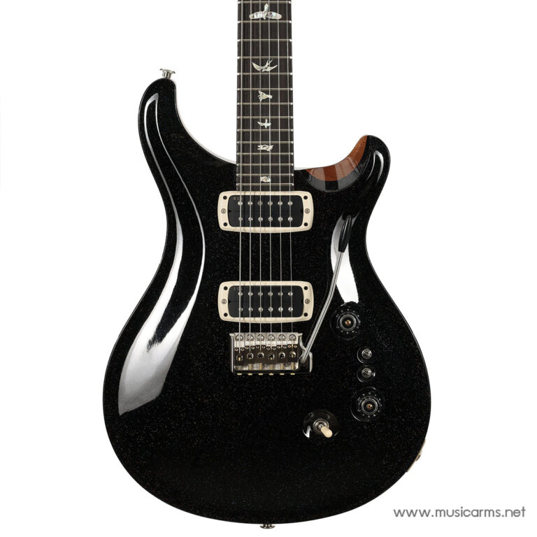 Shiny black glitter electric guitar with two cream humbucker pickups and a tremolo bridge, front view. ขายราคาพิเศษ