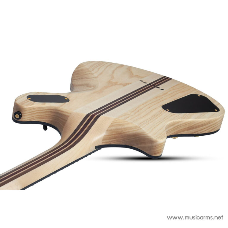 Back view of a natural wood electric guitar body with a dark center stripe and black control plates on a white background. ขายราคาพิเศษ