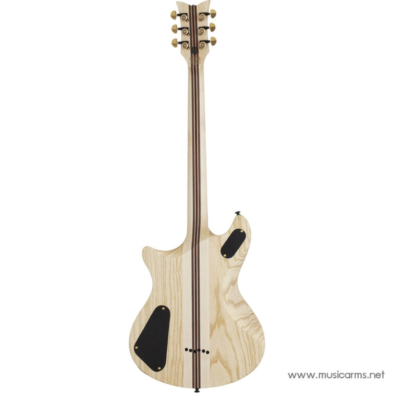 Back view of a natural wood electric guitar with a long neck, central dark stripe, two black pickup covers on the body, and a small tailpiece. ขายราคาพิเศษ