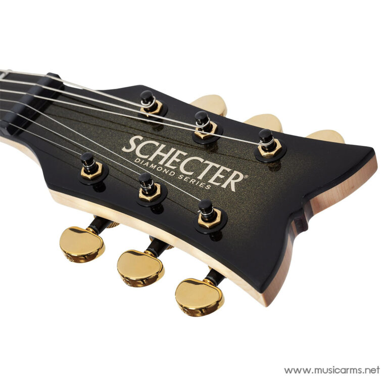 Close-up of Schecter Diamond Series guitar headstock with six gold tuning pegs ขายราคาพิเศษ