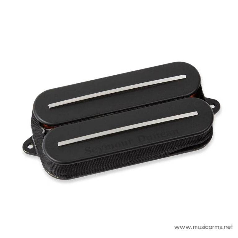 Dual-coil humbucker guitar pickup with black cover and silver pole pieces, mounted on a soft carrying case. ขายราคาพิเศษ