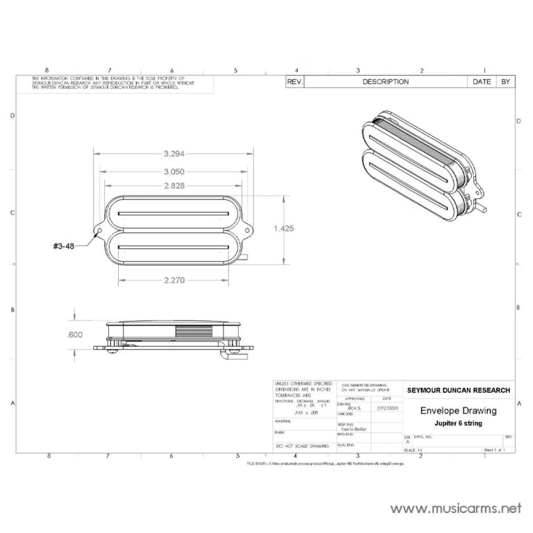 Envelope drawing of a Jupiter 6-string guitar pickup from Seymour Duncan, showing top and side views with dimensions and build notes. ขายราคาพิเศษ