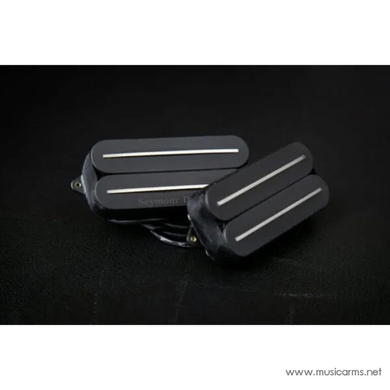 Pair of black humbucker guitar pickups with white pole-piece strips resting on a dark surface (Seymour Duncan branding faintly visible). ขายราคาพิเศษ