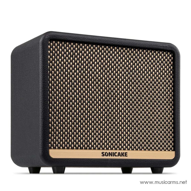 Compact black tabletop speaker with a woven brown grille and a gold Sonicake logo bar across the bottom front. ขายราคาพิเศษ