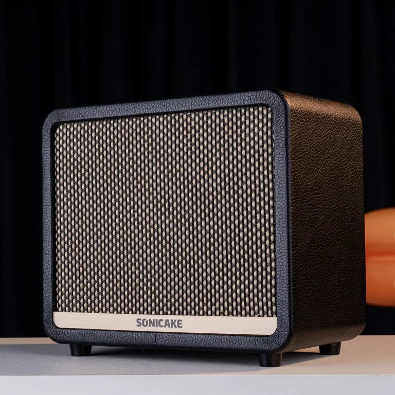 Compact black Bluetooth speaker with a metal mesh grille and leather-textured sides on a white surface. ขายราคาพิเศษ