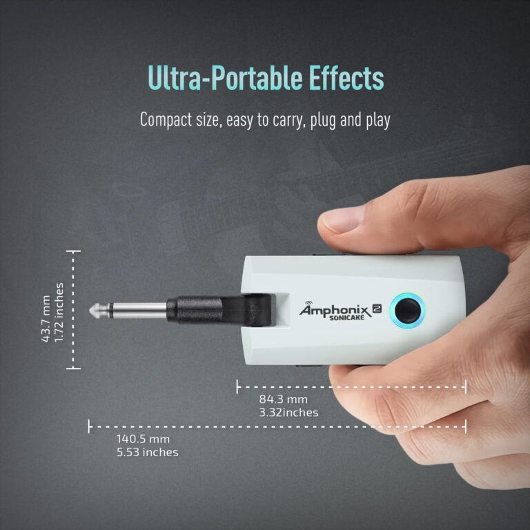 Hand holding a small white handheld device labeled 'Amphonix Sonicake 2' with a metallic tip, showing measurements for length and width on a dark background (portable, plug‑and‑play device). ขายราคาพิเศษ
