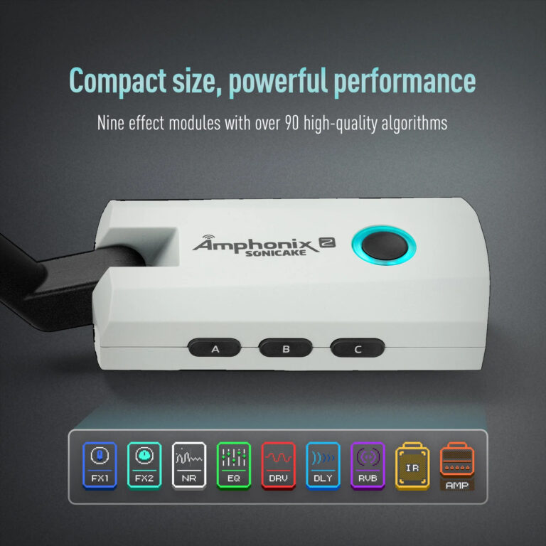 Compact guitar effects processor with three preset buttons (A, B, C) and a cyan power ring on a dark background. ขายราคาพิเศษ