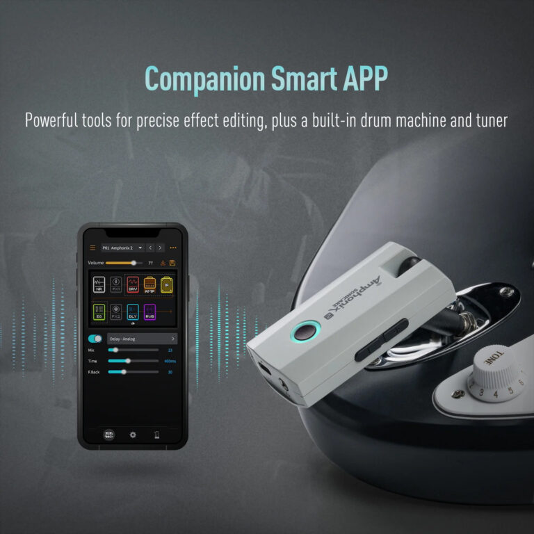 Advertisement for Companion Smart App showing a smartphone with effect-editing interface beside a guitar multi‑effect pedal on a dark background. ขายราคาพิเศษ