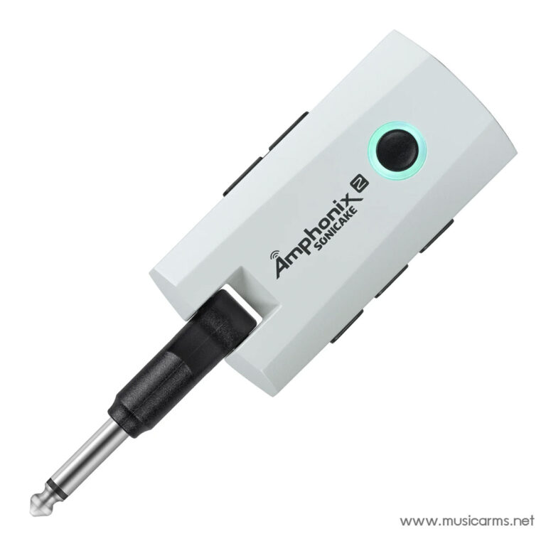 White wireless guitar transmitter with a glowing green power/button ring and a 1/4-inch plug attached, ready to transmit audio. ขายราคาพิเศษ