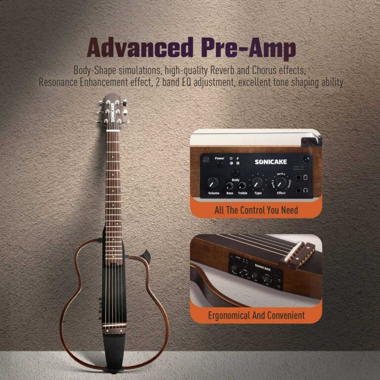Guitar leaning against a textured wall beside a retro-style preamp/display with the headlines 'Advanced Pre-Amp' and taglines 'All The Control You Need' and 'Ergonomical And Convenient'. ขายราคาพิเศษ