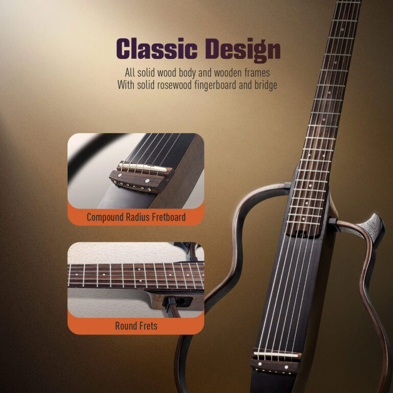 Guitar advertisement featuring a brown gradient background, large 'Classic Design' title, and two rounded orange feature cards reading 'Compound Radius Fretboard' and 'Round Frets' beside a partial guitar neck on the right ขายราคาพิเศษ