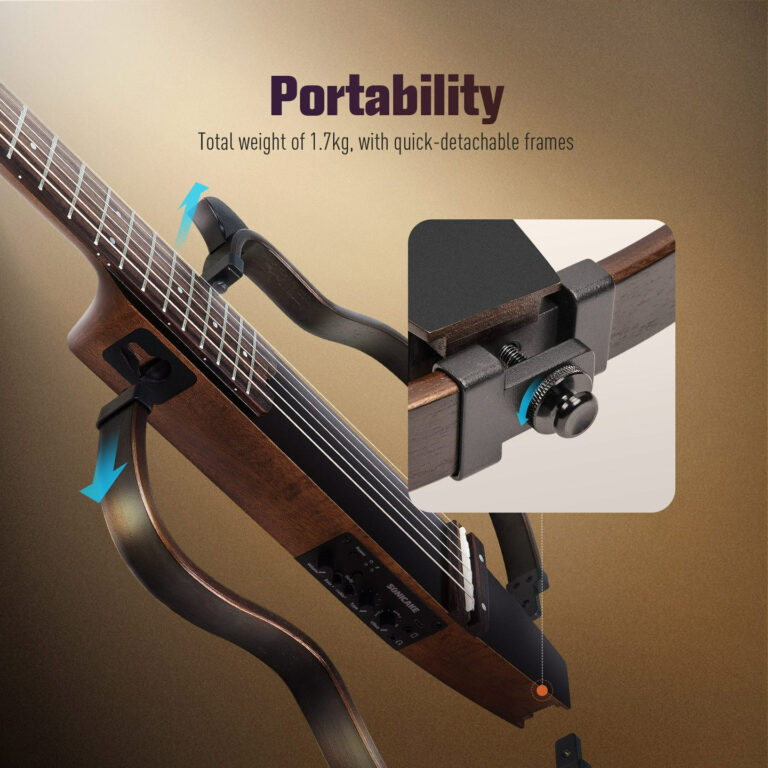 Guitar shown with a quick-detach framing system and a close-up of the clamping knob for portability (weight 1.7 kg). ขายราคาพิเศษ