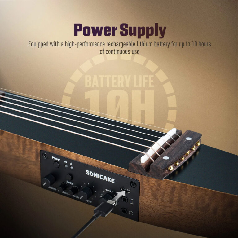 Wooden Sonicake power supply unit connected by a cable, with a large 'Power Supply' wall graphic in the background. ขายราคาพิเศษ