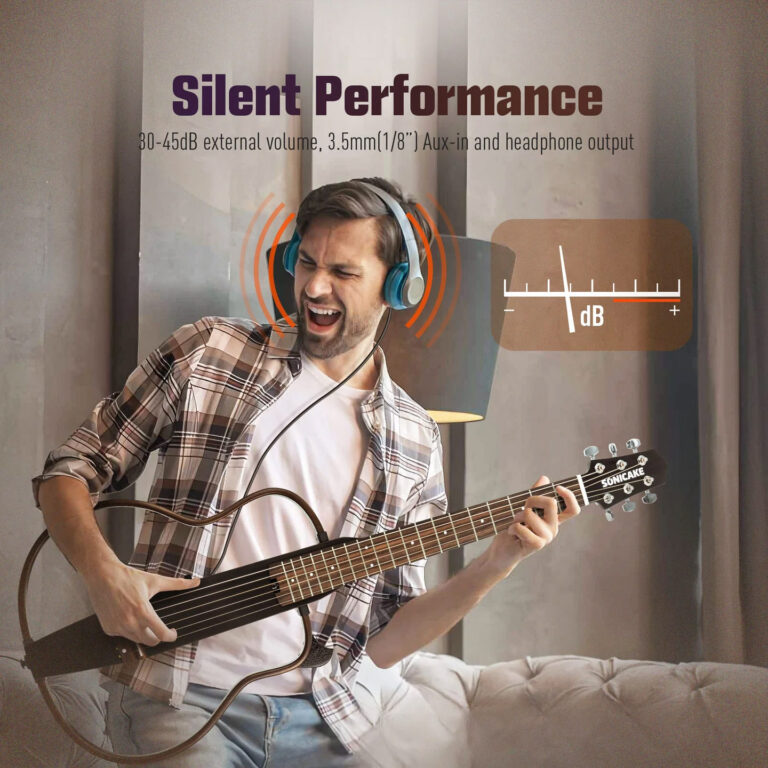 Musician wearing headphones and playing an electric guitar, with text 'Silent Performance' and a decibel meter graphic suggesting quiet volume features ขายราคาพิเศษ