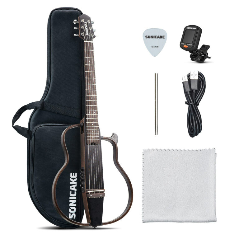 Black travel guitar in a case, with bundled accessories: pick, tuner, USB cable, metal rod, and cleaning cloth. ขายราคาพิเศษ