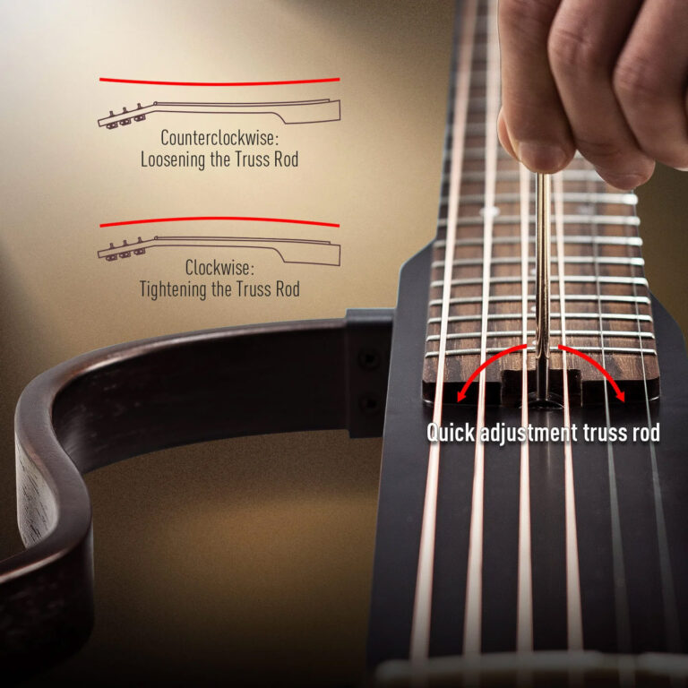 Guitar neck with a quick-adjust truss rod being turned; shows counterclockwise loosening and clockwise tightening instructions on the left side of the image. ขายราคาพิเศษ