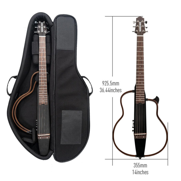 Electric guitar in an open black gig bag with a brown strap, showing the neck and headstock. Also includes a measurement diagram noting 925.5 mm (36.4 in) length and 355 mm (14 in) width. ขายราคาพิเศษ